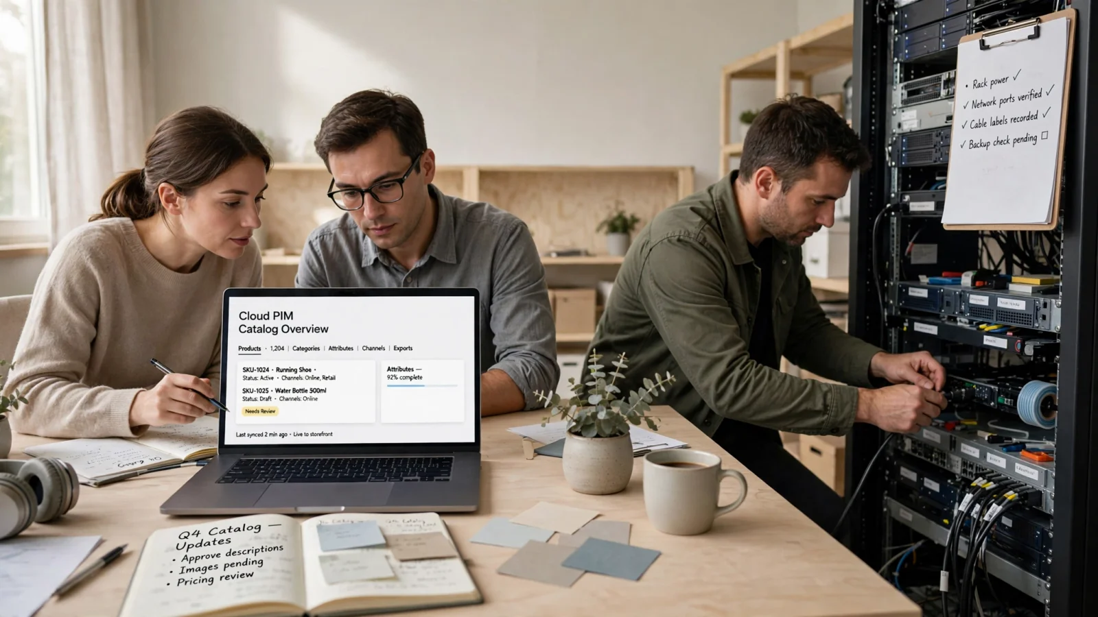 For the deployment comparison section, show a balanced split scene with a commerce team using a browser-based cloud PIM beside vendor-managed infrastructure and an IT team maintaining self-hosted servers, emphasizing control versus operational effort.