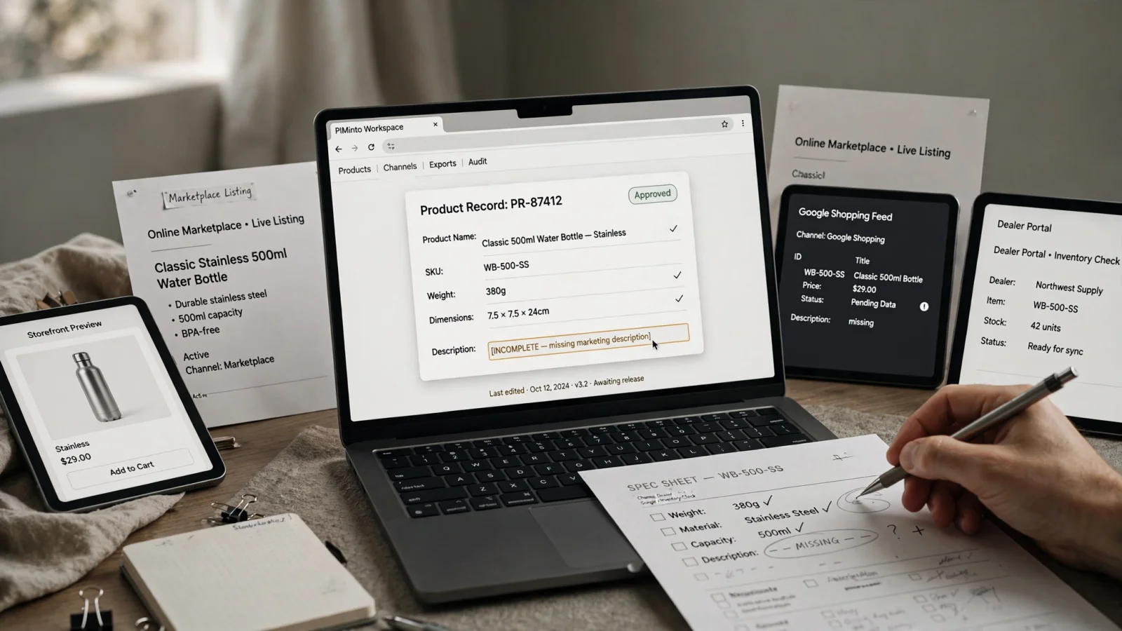 For the syndication section, show one approved product record branching into a storefront, marketplace, Google Shopping feed, and dealer portal while a reviewer catches a missing field before publication.