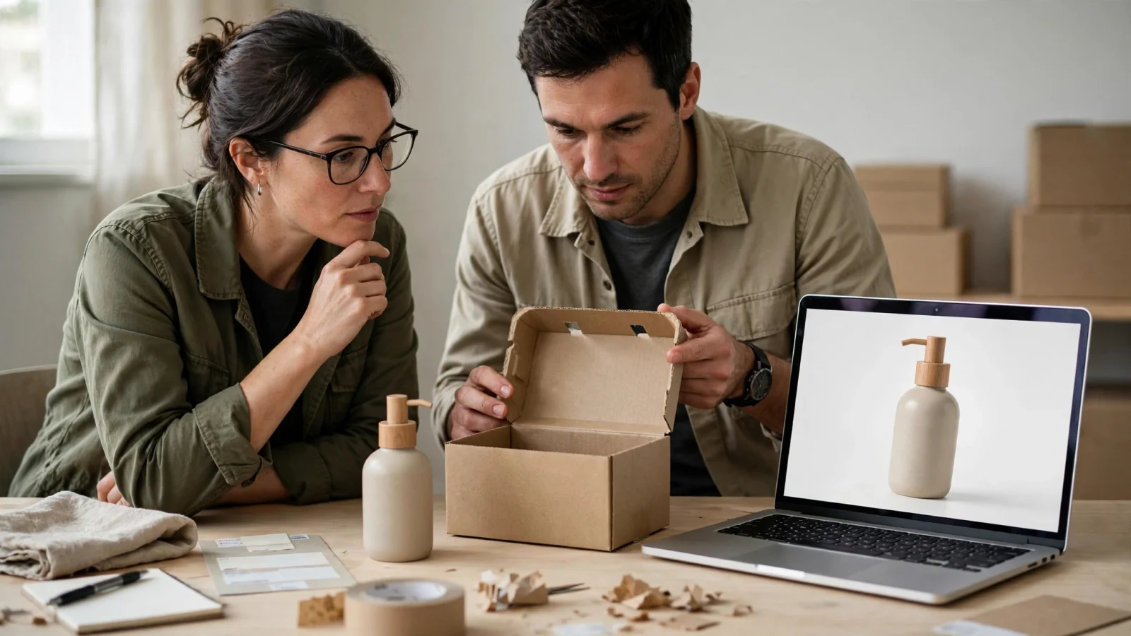 An e-commerce catalog manager and an operations lead review one product at a shared workstation, with a warehouse carton and polished online product imagery nearby to show operational and channel needs meeting; no visible text.