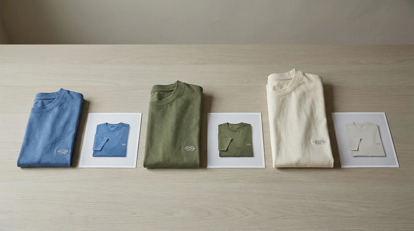 A family of shirts in different colors and sizes appears as separate product listings, each paired with its correct image while a subtle shared motif groups the variants; no readable text.