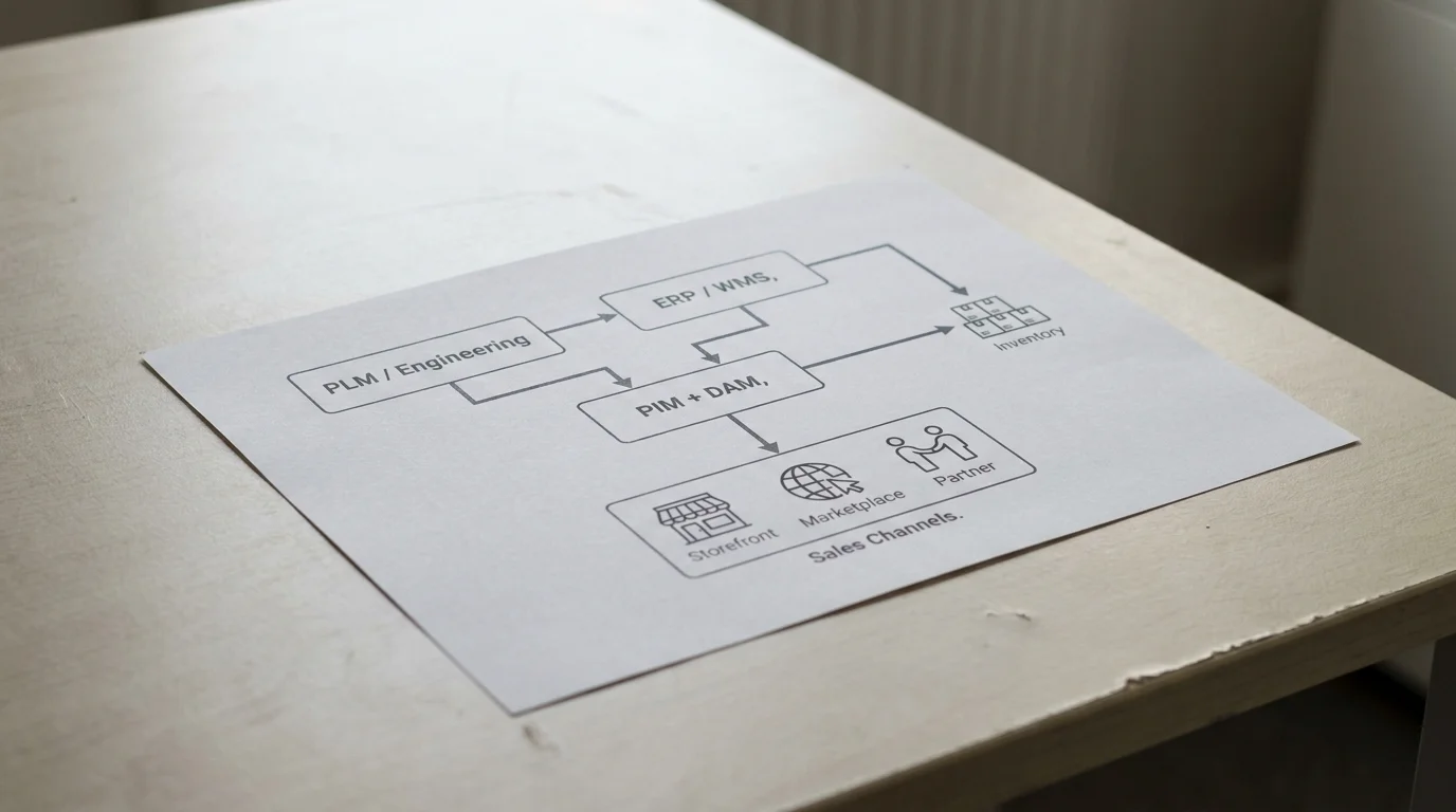 An uncluttered data-flow diagram traces approved engineering and ERP/WMS records into a PIM/DAM hub, then out to storefront, marketplace, and partner icons, while transactional inventory stays on its source path; label only "PLM / Engineering," "ERP / WMS," "PIM + DAM," and "Sales Channels."