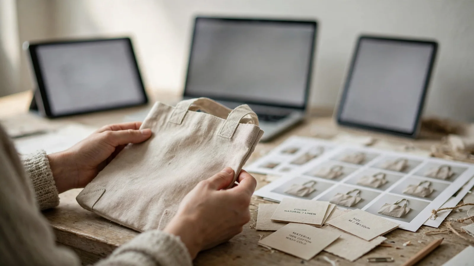 For the opening, show an e-commerce catalog manager reconciling product details and images before publishing to several sales destinations, making the operational reason to compare PIMs tangible; no readable text.