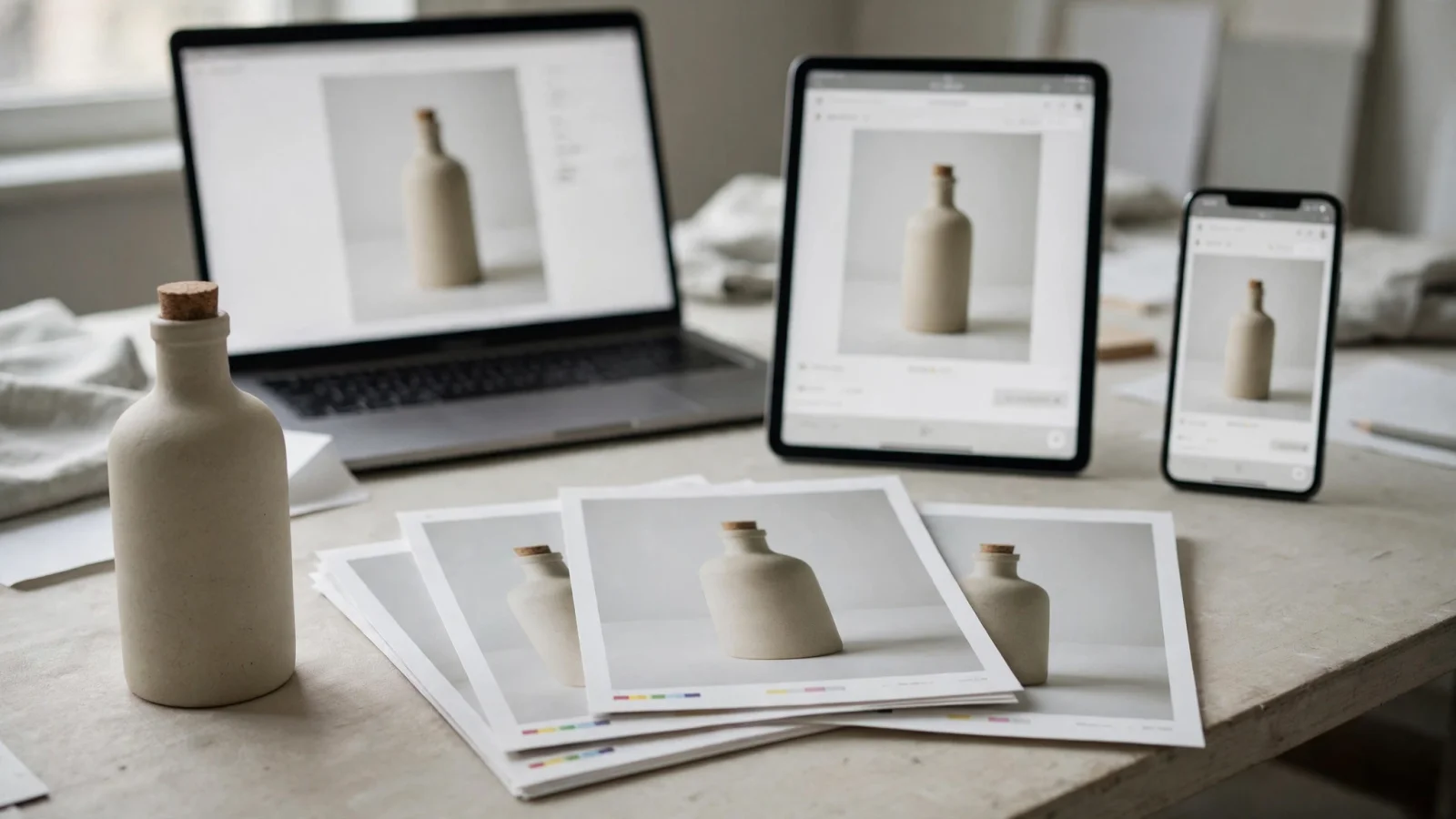 For the connector criteria, use an editorial flow illustration of one product record branching to a storefront, marketplace, and partner portal, with its digital assets linked at the source; no readable labels.