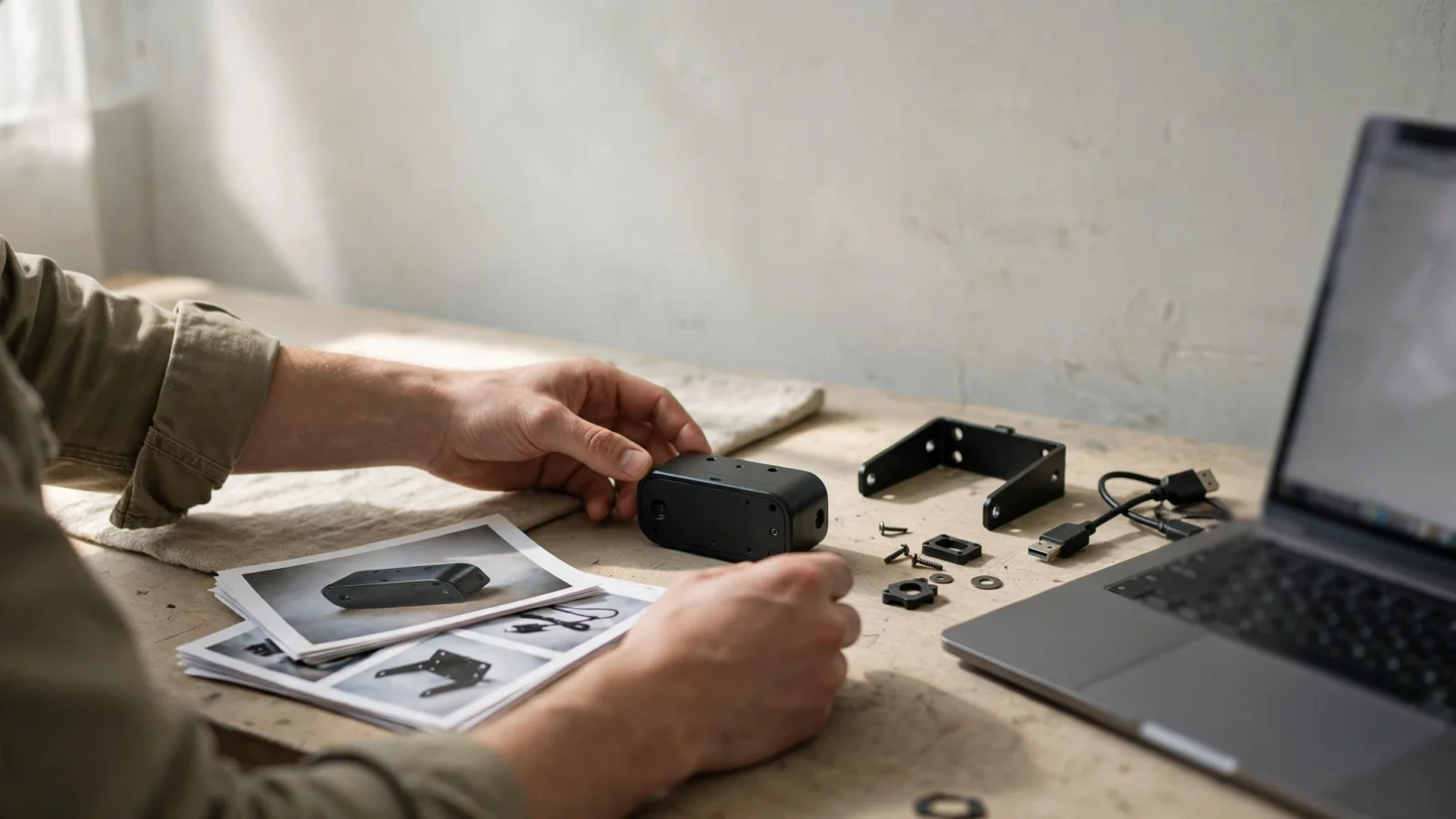 For the PIMinto section, show a manufacturer product specialist reviewing a product, its related accessories, and approved images before sharing the catalog with a dealer; no readable text.