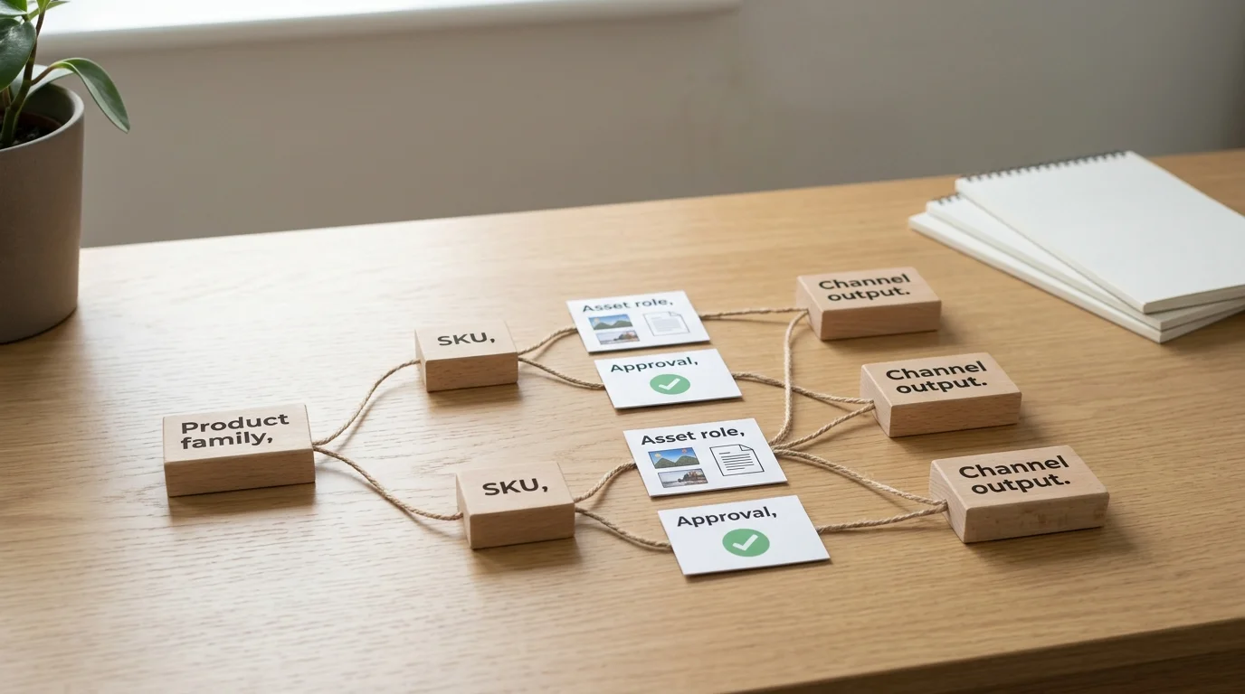 Data-model illustration: a clean relationship diagram connects a product family to two SKU variants, role-specific image and document assets, approval status, and channel outputs, using only the labels "Product family," "SKU," "Asset role," "Approval," and "Channel output."