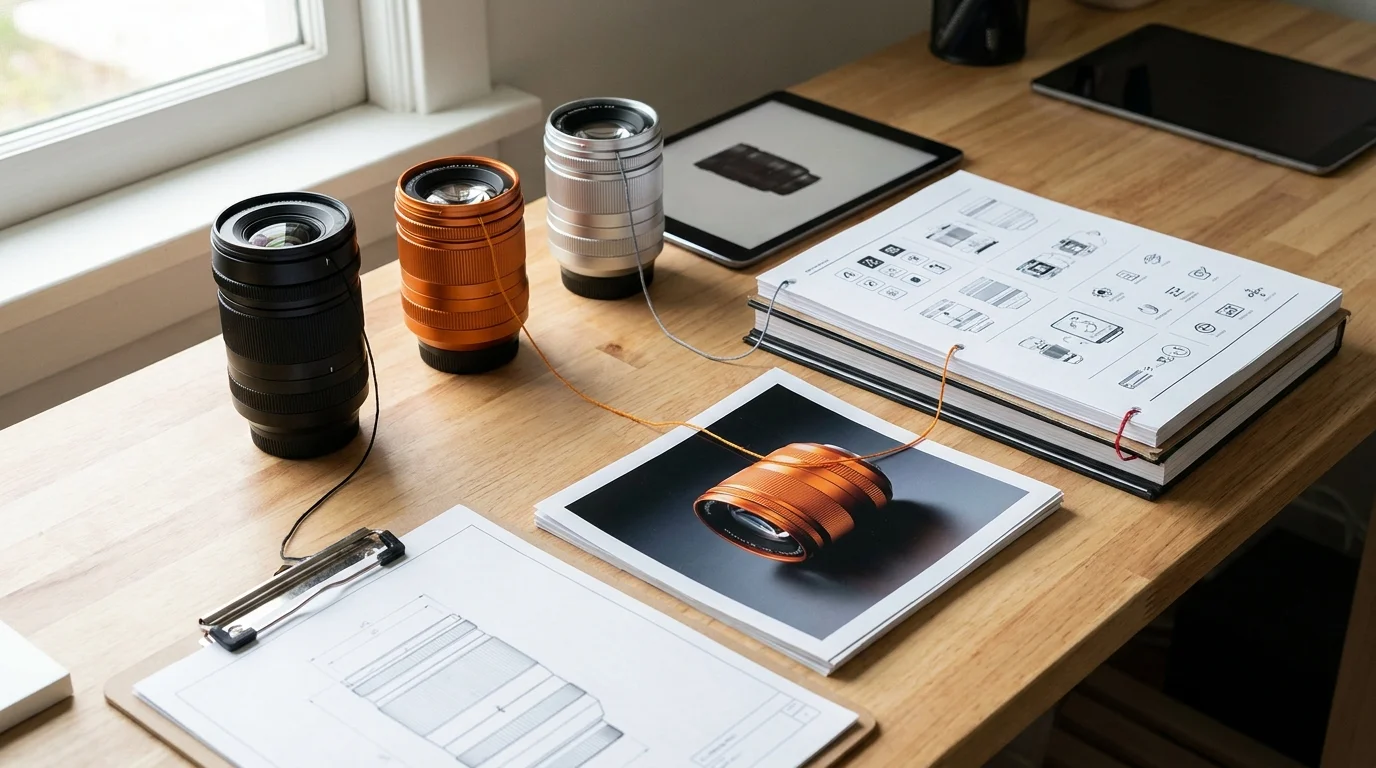Workflow illustration: A technical product with several size or color variants sits beside its approved image, manual, and specification sheet visibly linked to the correct variant, with no readable text.