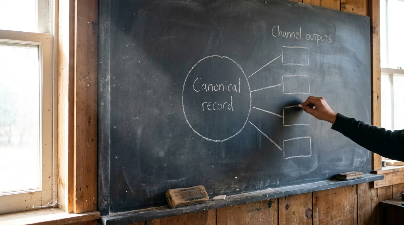 For the architecture section, use a simple editorial data-flow diagram showing one central product record branching into a storefront, marketplace, Google feed, and dealer portal, with only the labels "Canonical record" and "Channel outputs".