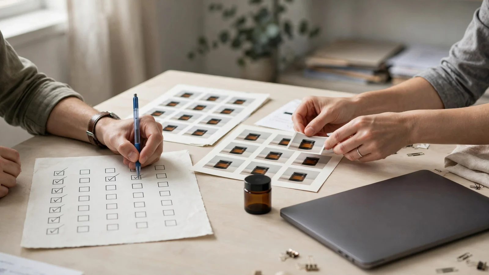 A merchandising team reviews approved product facts beside a matching asset library at a shared workstation, showing the checks that happen before publication.