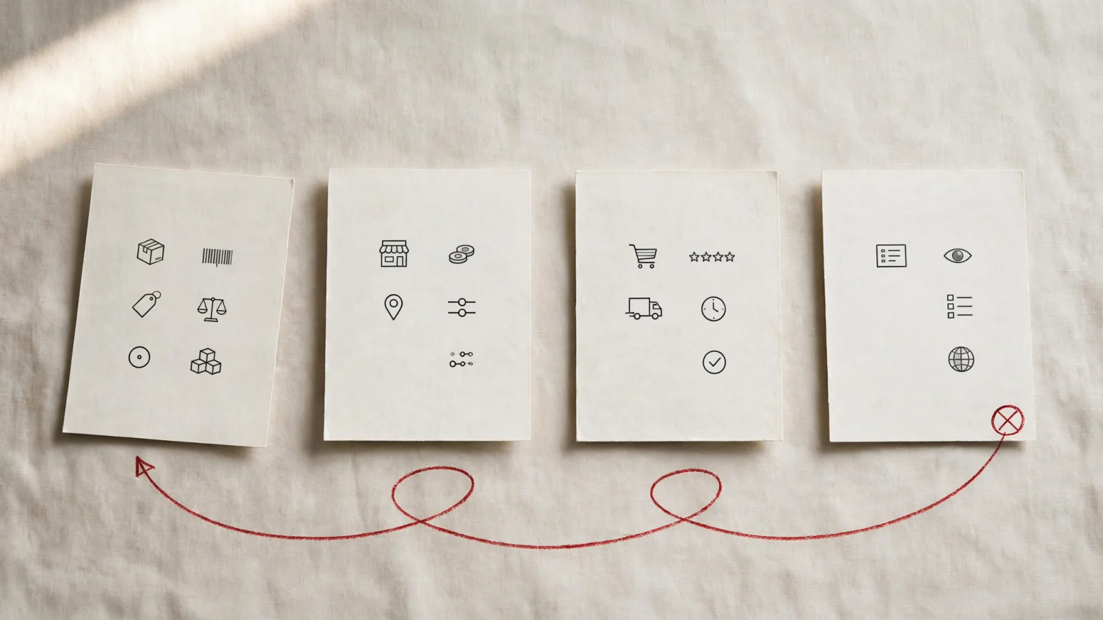 A left-to-right visual shows a PIM product record passing through marketplace-specific field cards into an Amazon listing, with an issue signal looping back to the record; use icons and no readable labels.