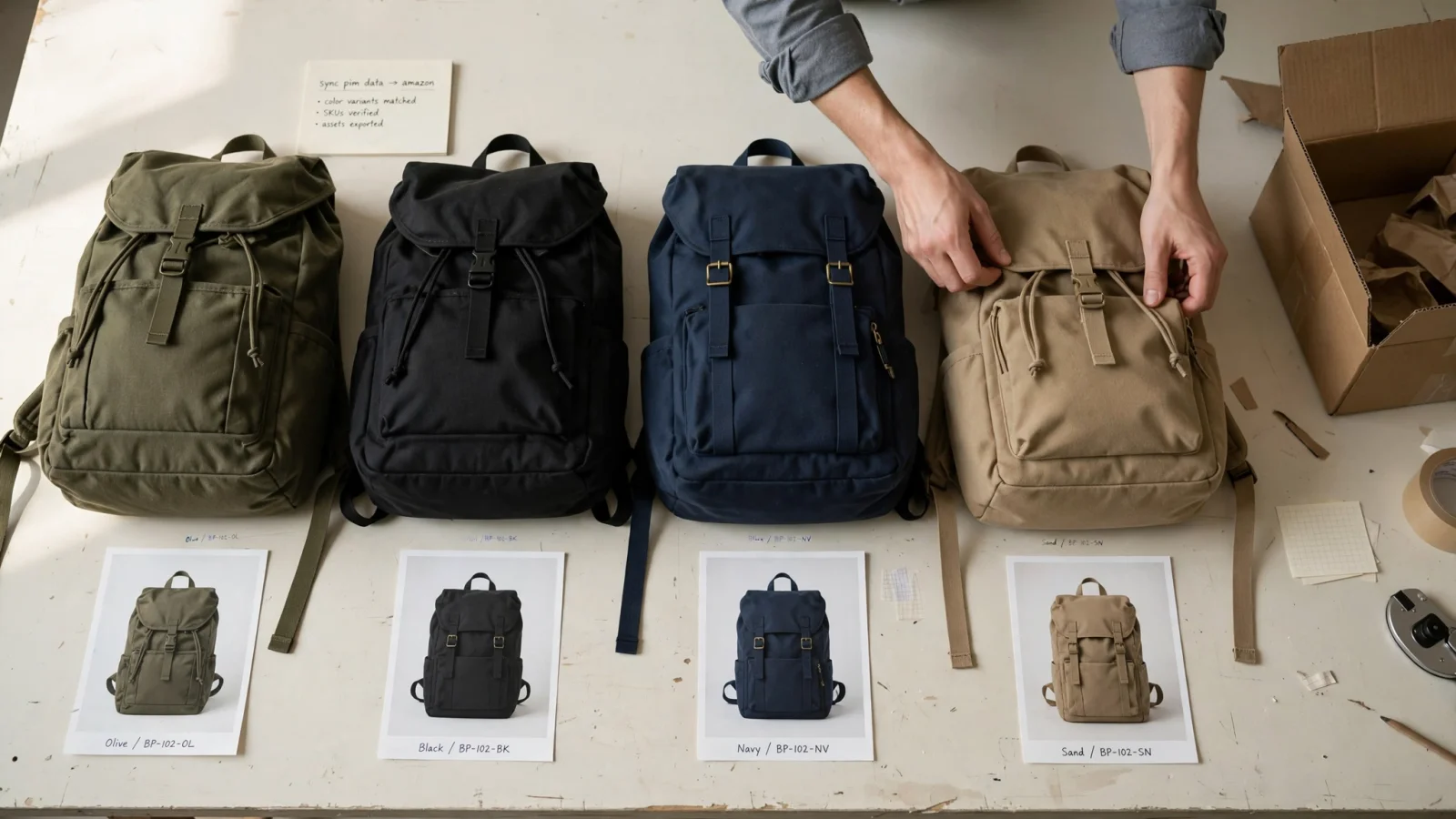 A product photographer arranges one backpack in several supported color variants, pairing each sellable version with its matching image while a shipping carton sits apart to distinguish package hierarchy.