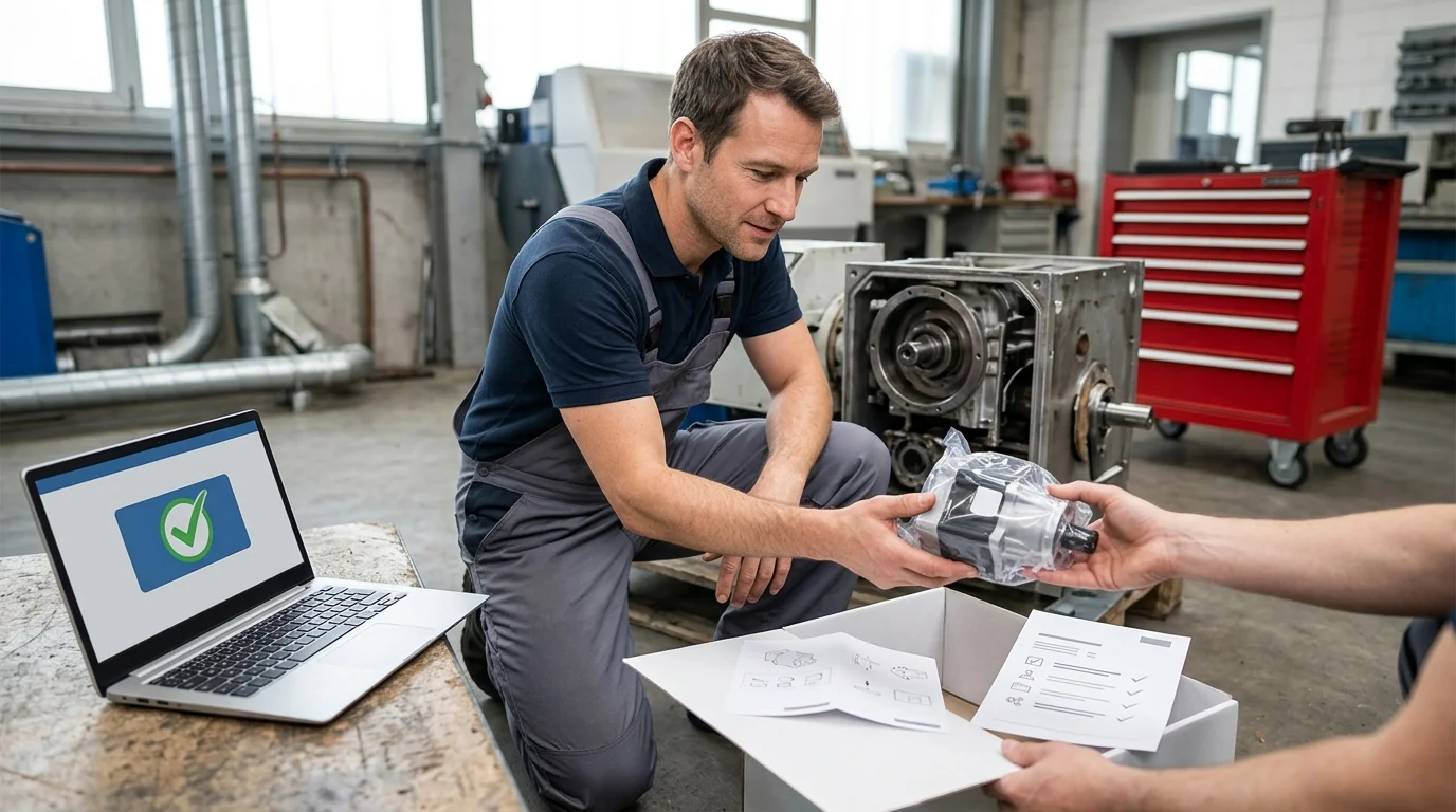 For the marketing section, a technician facing a failed machine receives a clearly presented replacement component with a manual, compatibility sheet, and delivery confirmation on a laptop; no text.