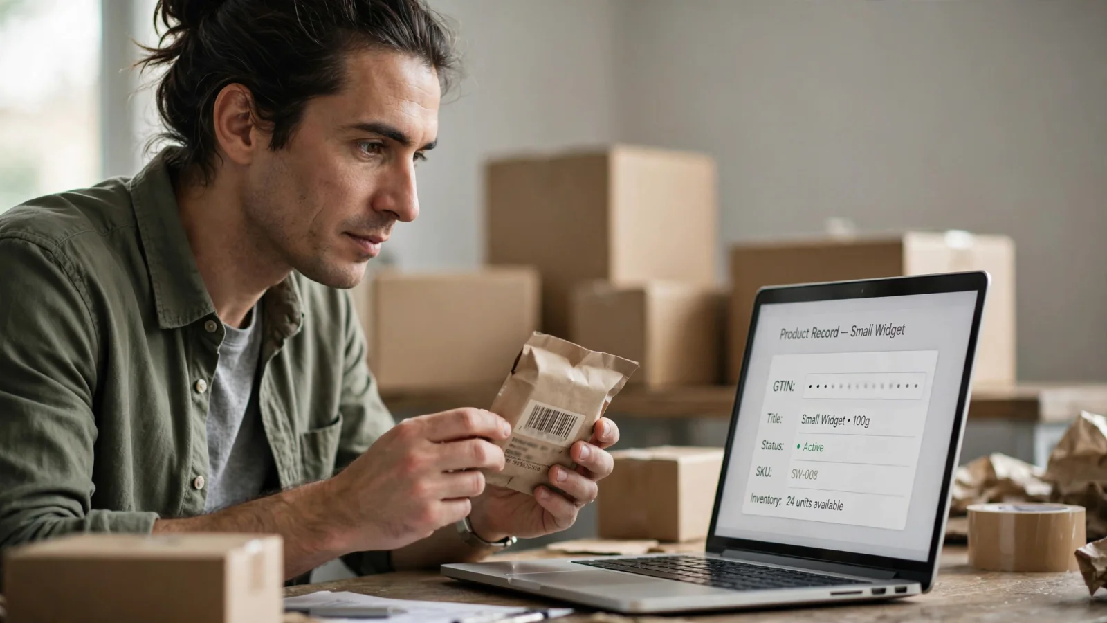 A wide editorial scene of an e-commerce manager comparing a packaged product, the number beneath its barcode, and a laptop product record, making the identifier-versus-symbol distinction visible without readable text.