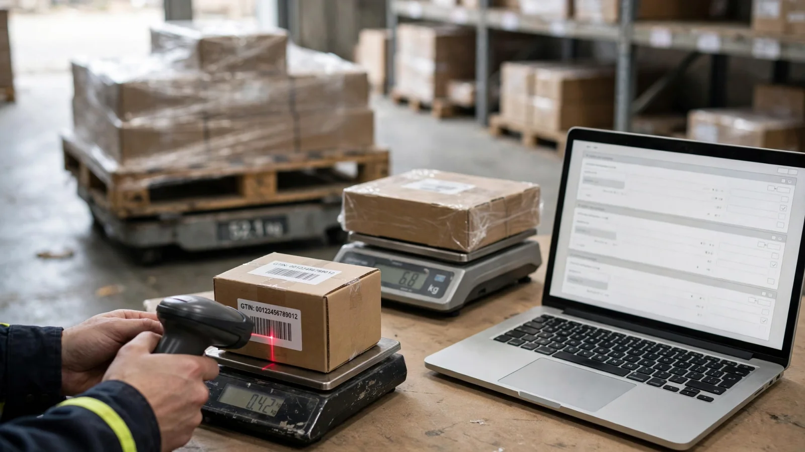 A warehouse worker scans an individual unit, a case, and a pallet while a connected product-data workspace keeps their packaging levels visibly distinct.