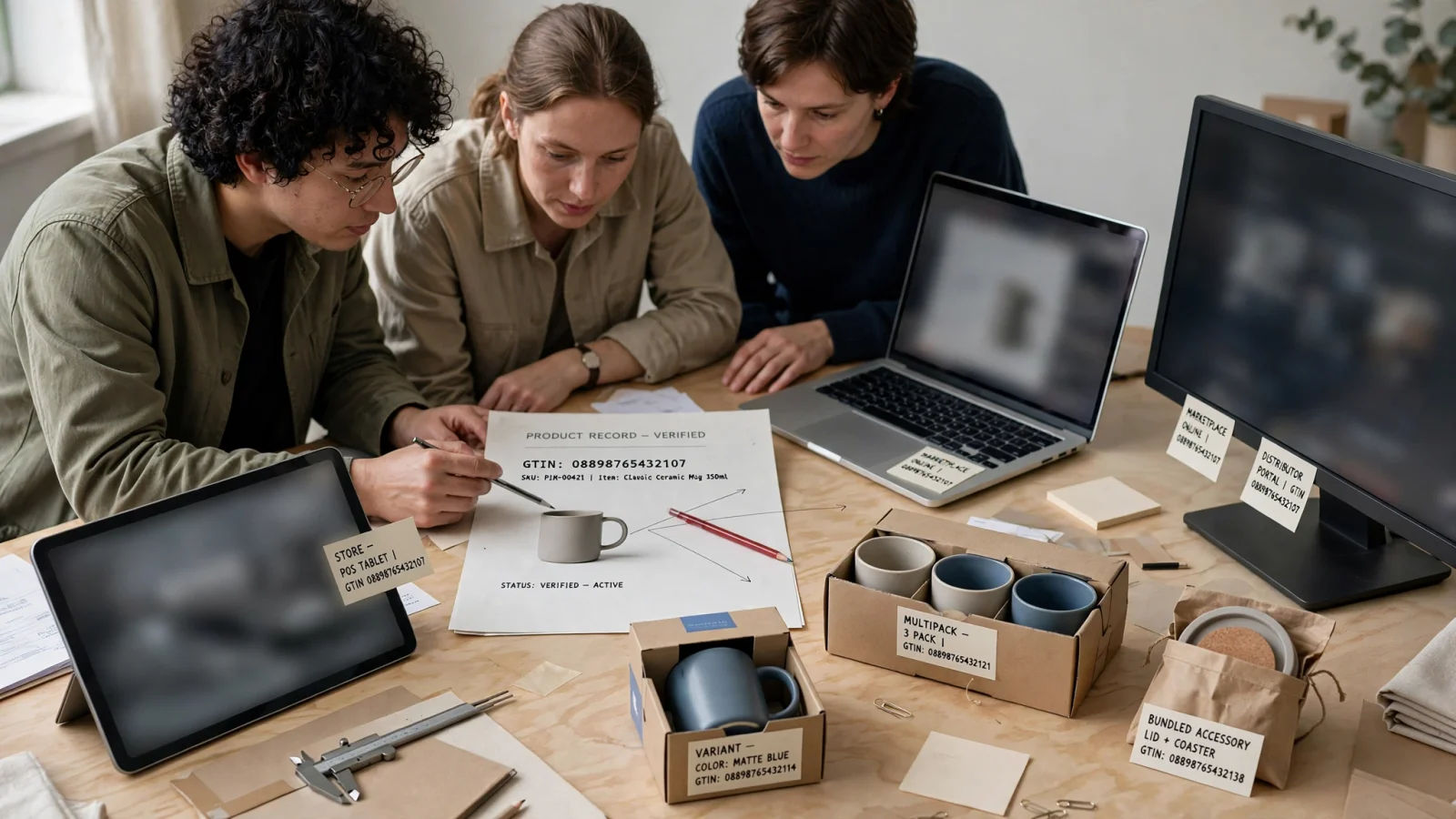 A multichannel catalog team traces one verified product record to a storefront, a marketplace, and a distributor portal while variant images and identifiers stay aligned.