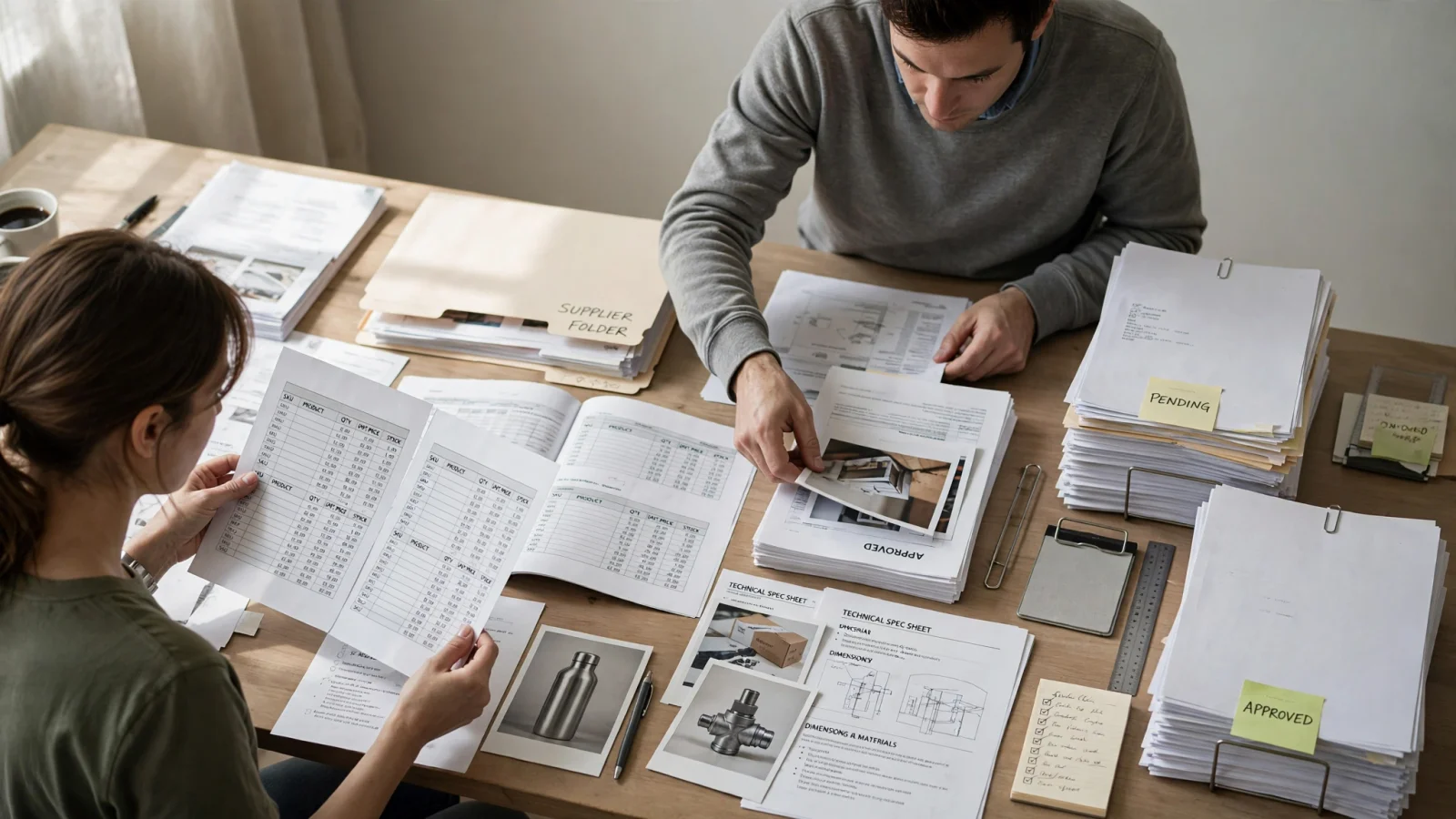 A wholesale operations team turns scattered spreadsheets, asset folders, and supplier files into one approved product workspace, making the shift from fragmented sources to a trusted catalog immediately visible.