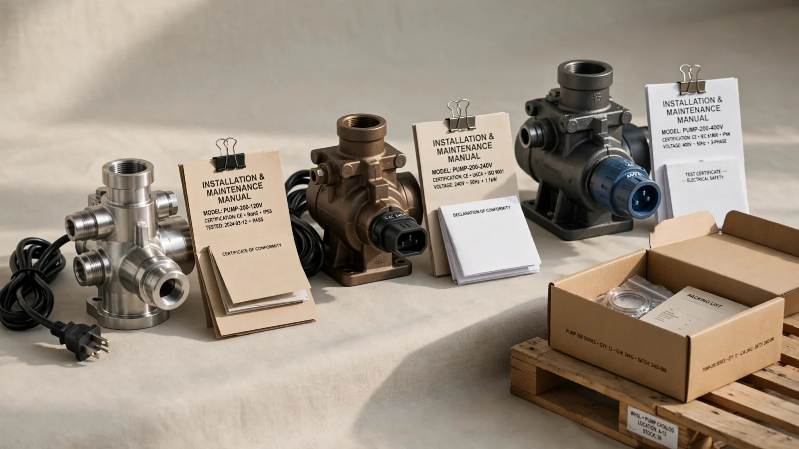 A close editorial view of a manufacturer’s pump family shows linked voltage and material variants beside individual-unit, case, and pallet packaging, with the correct manual and certification attached to each variant.