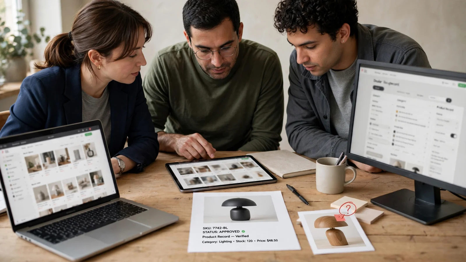 A multichannel commerce team reviews one approved product record flowing to a storefront, Google Shopping feed, and dealer portal while a validation check flags an inconsistent image or identifier.