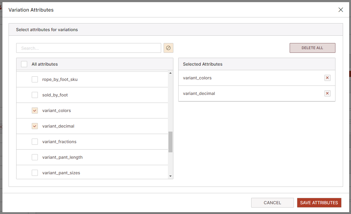 Product varaints attribute settings definition 