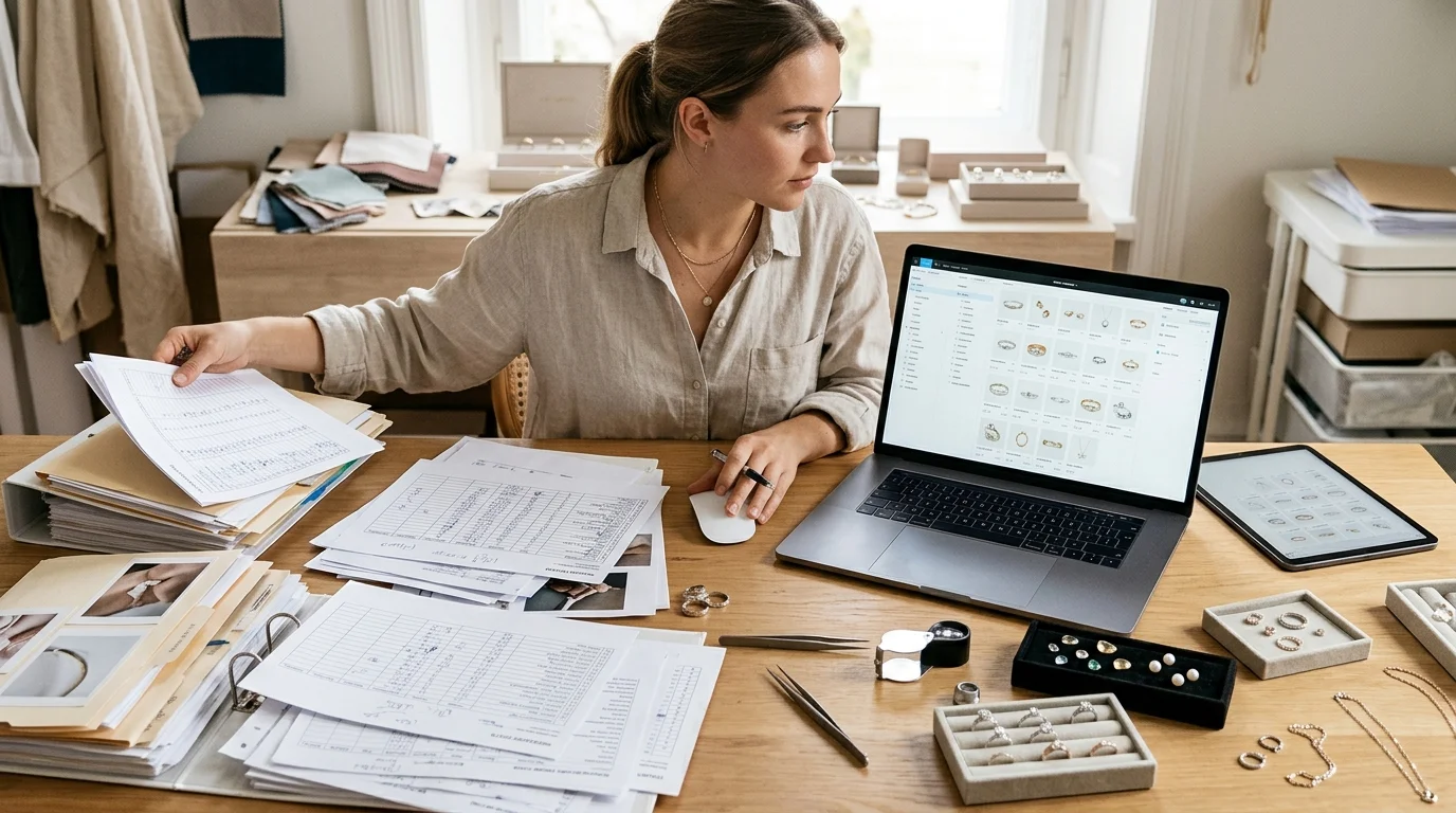 For the spreadsheet-problem section, show a jewelry e-commerce manager at a desk replacing scattered spreadsheets, image folders, and supplier files with one organized catalog workspace surrounded by rings and gemstones.